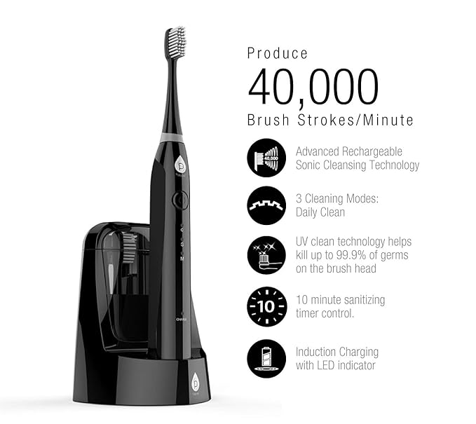 Pursonic S750 Sonic Toothbrush (Black) — Smart Series Electronic Power Rechargeable Battery Toothbrush for Adults — 12 Bonus Brush Heads