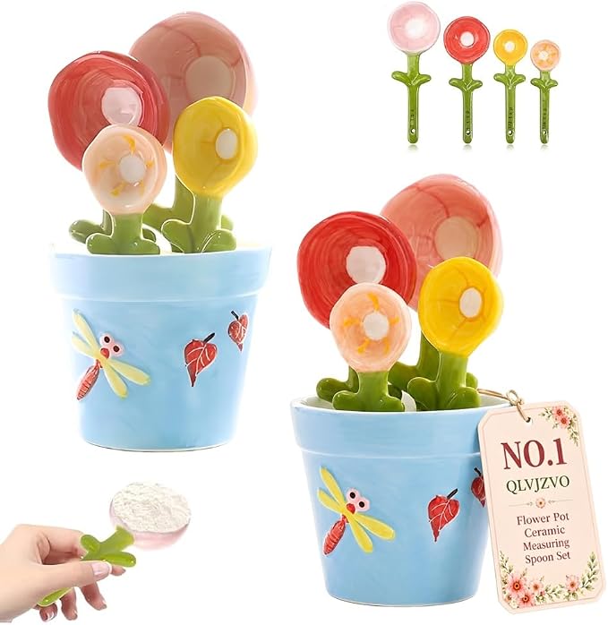 Flower Pot Ceramic Measuring Spoon Set, 5PCS Cute Spoons Cups with Base, Ceramic Baking Measuring Spoons with Holder for Dry & Wet Ingredients, Unique Baking Supplies Gift, Dishwasher Safe(Blue*2)