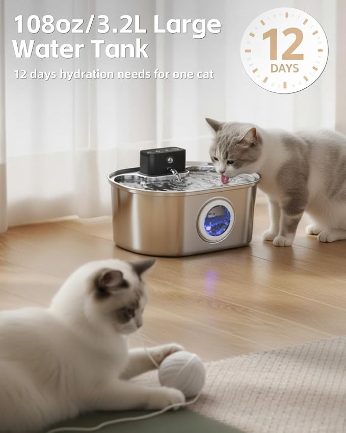 Cordless 3.2L/108oz Stainless Steel Cat Water Fountain Pet Fountain | Rechargeable Pet Water Dispenser - Motion Sensor Activation - Multi-Layer Filtration - Ultra-Quiet Pump (4 Filters)