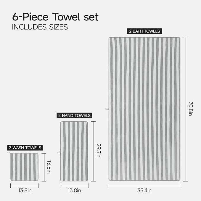REDKISS Ultra Soft Bath Towel Sets 6-Piece 35"x70" | 100% Microfiber, Highly Absorbent & Quick Dry | Grey Towels for Bathroom, Spa, Gym | 2 Bath, 2 Hand, 2 Washcloths
