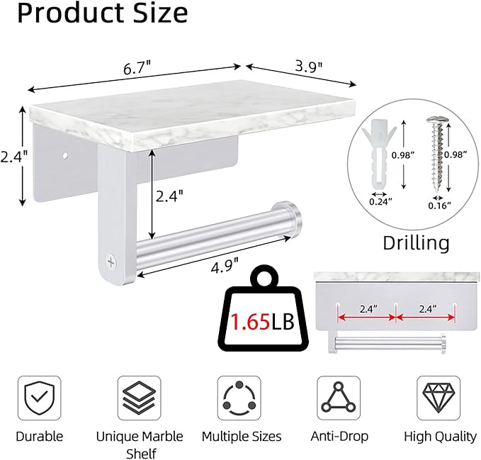 Gypie Brushed Nickel Toilet Paper Holder with Natural Marble Shelf, Screw Wall Mounted, Tissue Roll Holder for Bathroom Washroom