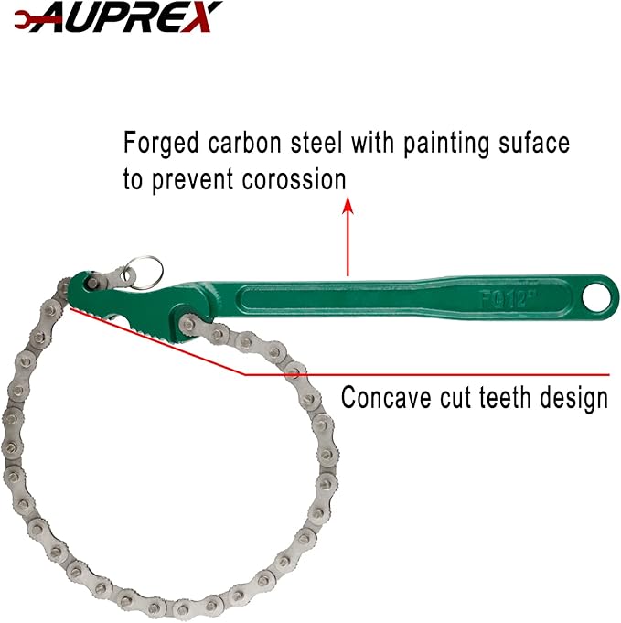 AUPREX 12 Inch Sturdy Carbon Steel Adjustable Heavy Duty Ratcheting Chain Oil Filter Wrench Reversible Chain Style Pipe Fitter With Multi-Purpose