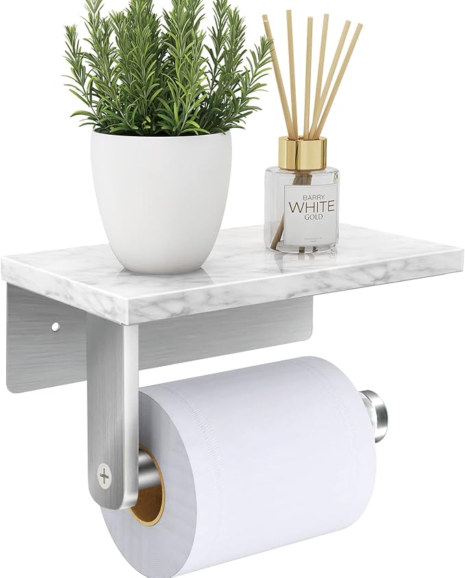 Gypie Brushed Nickel Toilet Paper Holder with Natural Marble Shelf, Screw Wall Mounted, Tissue Roll Holder for Bathroom Washroom