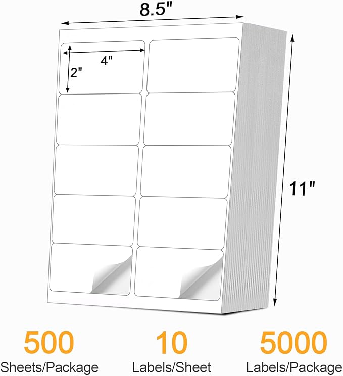 [500 Sheets 5000 Pcs] 10-UP 2''x4'' Shipping Labels for Laser & Inkjet Printers, 2" x 4" Mailing Stickers, 10 Pcs Per Page Shipping Labels,8.5"×11" White 500 Sheets for Printer