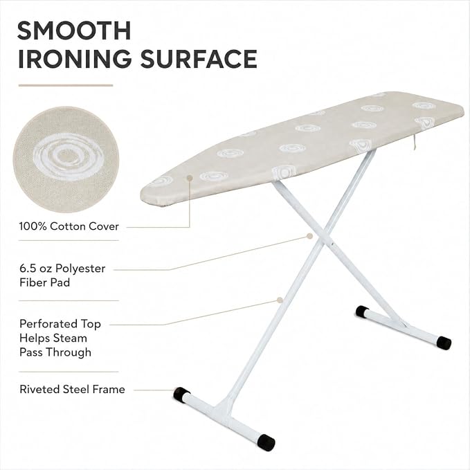 Folding T-Leg Ironing Board, 53 x 14 Inch, Adjustable Height, for Home Use | Portable ironing board with sturdy steel frame and 100% cotton cover, adjustable height, folds flat for easy storage