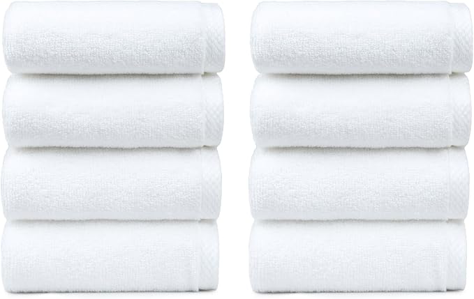 Amazon Basics 8-Pack Soft, Highly Absorbent, Quick-Dry Hand Towels, 100% Cotton, 28" x 16", White