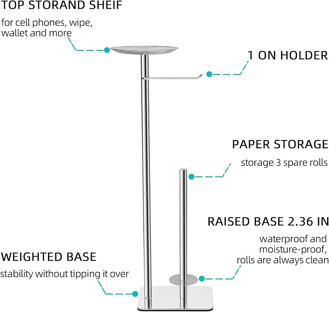 FEILERN Toilet Paper Holder Stand for Bathroom Floor Standing Toilet Roll Dispenser Storages 4 Reserve Rolls, with Top Storage Shelf for Cell Phones, Wipe, Wallet and More(Chrome)
