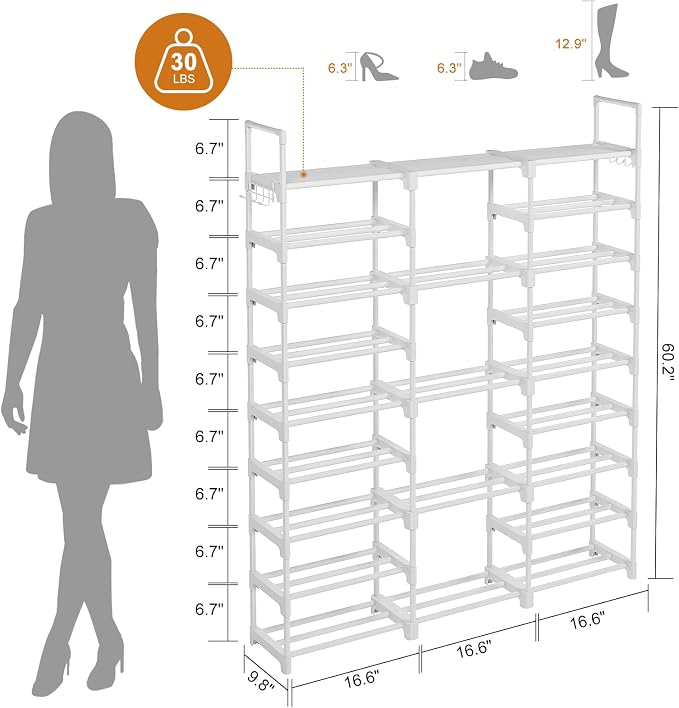 WOWLIVE 9 Tiers Large Shoe Rack White Shoe Rack Organizer for Closet 50-55 Pairs Stackable Heavy Duty Shoe Shelf Shoe Storage with Metal Pipes Plastic Connectors