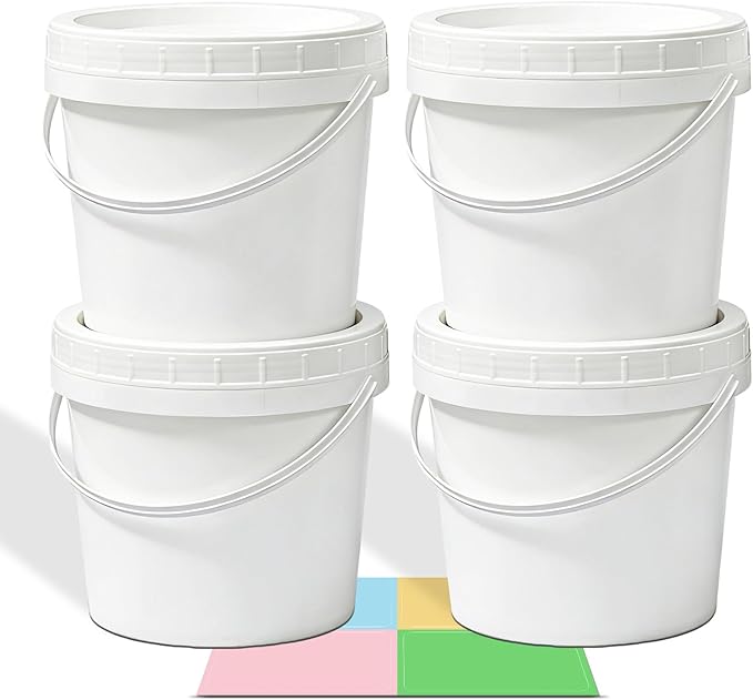 4 Pack 64oz Plastic Buckets with Screw Lids & Handle, Food Grade Storage Containers for Kitchen, Freezer - Reusable White Plastic Bucket Set