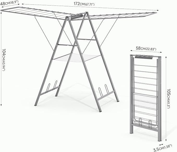 6 Height Adjustable Clothes Drying Rack with Shoe Slots, Grey | Pre-Assembled, Stable Load Structure, 22 Drying Rails, Foldable Space-Saving For Efficient Indoor & Outdoor Airflow Drying