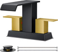 FORIOUS Square Waterfall Centerset Bathroom Faucet 3 or 2 Hole for 4 Inch Matte Black and Gold, 2 Handle Bathroom Sink Faucet with Metal Pop Up Drain and Hose for Vanity RV Restroom Remodel