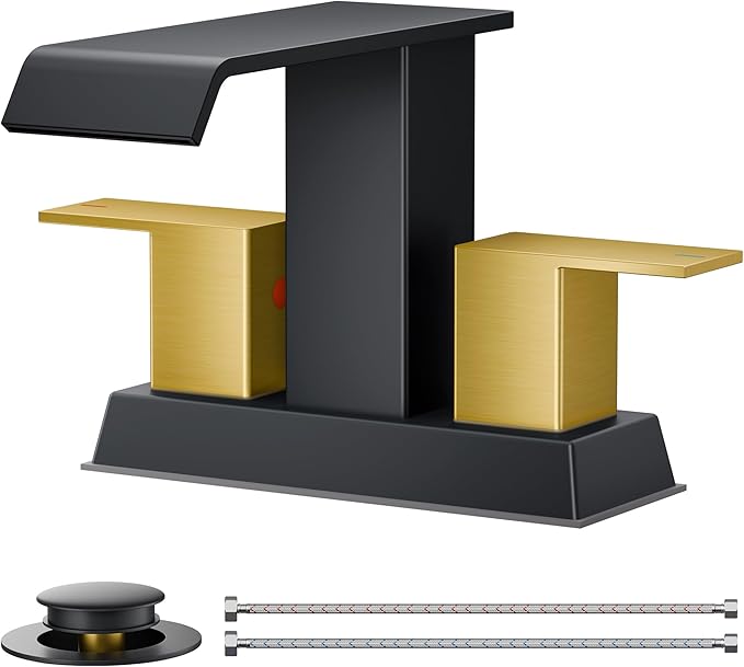 FORIOUS Square Waterfall Centerset Bathroom Faucet 3 or 2 Hole for 4 Inch Matte Black and Gold, 2 Handle Bathroom Sink Faucet with Metal Pop Up Drain and Hose for Vanity RV Restroom Remodel