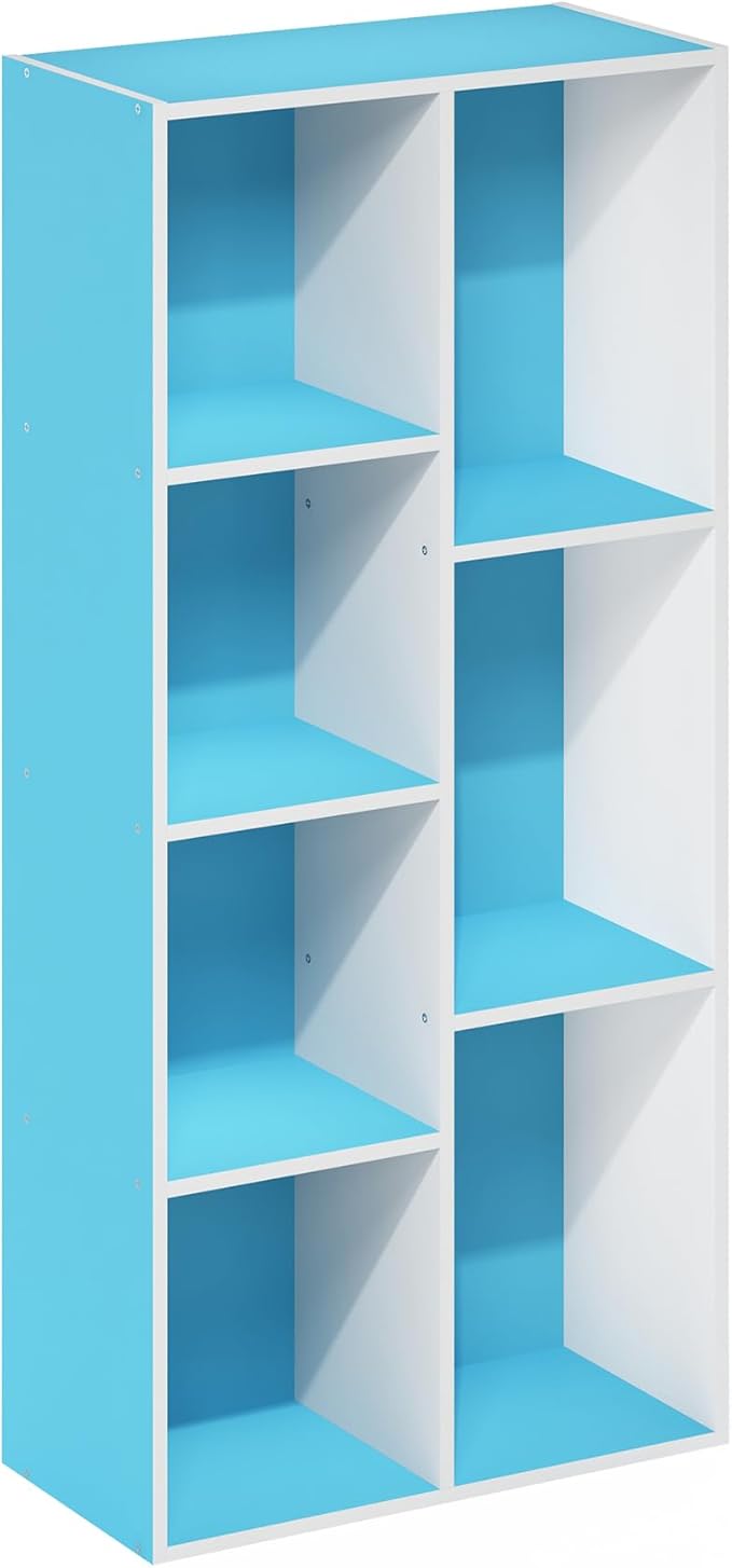 Furinno LUDER Book Shelf, 7-Cube Bookshelf, Bookcase with Open Shelves, 9.4 x 19.5 x 41.7, Easy Assembly, for Living Room, Bedroom, Home Office, White/Light Blue