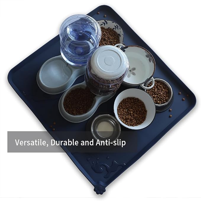 Hoki Found XX-Large Silicone Pet Feeding Mats - Non Slip Dog Cat Bowl Placemats - Waterproof, Carpet Safe - French Navy