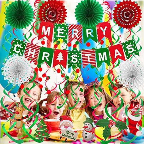 FECEDY Merry Christmas Banner Paper Fan Flower Circle Confetti Dots Hanging Garlandand Swirl Streamers Christmas Tree Christmas Snowman God Tang for Christmas Party Decoration