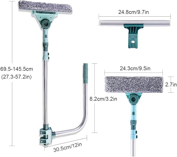 3 in 1 U Shaped Window Cleaning Tool Kit, 4 Piece Set, Blue, Double Sided, Plastic Blade, 22 inches, 131.7 cm, Aluminum Handle, Cleaning Squeegees