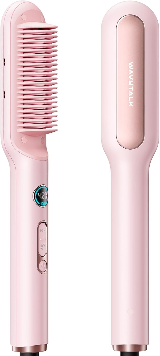 Wavytalk Hair Straightener Brush, Sleek Sweep Ionic Straightening Brush, Anti-Scald Ceramic Straightener Comb with LED Display for Super Smooth Hair, Dual Voltage, Pink.