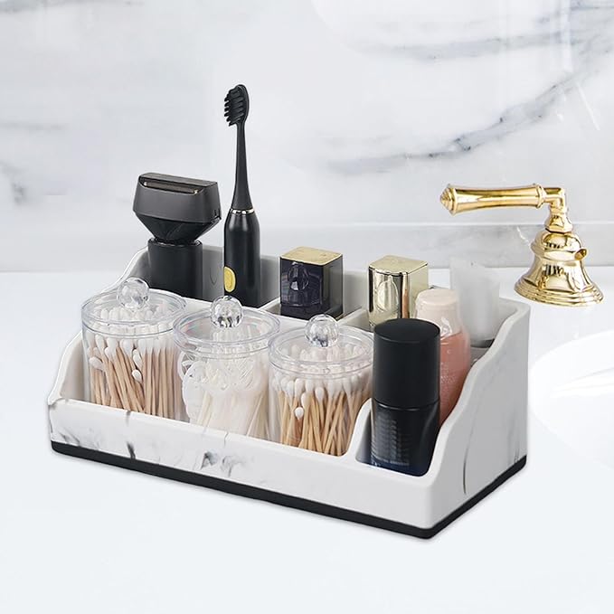 Bathroom Counter Organizer Toothbrush Holder Durability Home Use 5 Compartments Resin with 3 Qtip Holder Toothbrush Organizer (White)