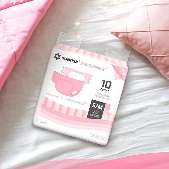 SUNKISS Masterpiece Adult Diapers with Tabs, Unisex Disposable Incontinence Briefs for Women and Men, Odor Control, Pink, Small/Medium, Previously Medium,10 Count (Pack of 2)