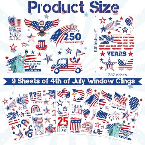 124 PCS 4th of July Window Clings, 9 Sheets 250th Anniversary Fourth of July Decorations, Red White Blue Independence Day Decor with USA Flags Eagles, Patriotic Window Clings for Home Parade