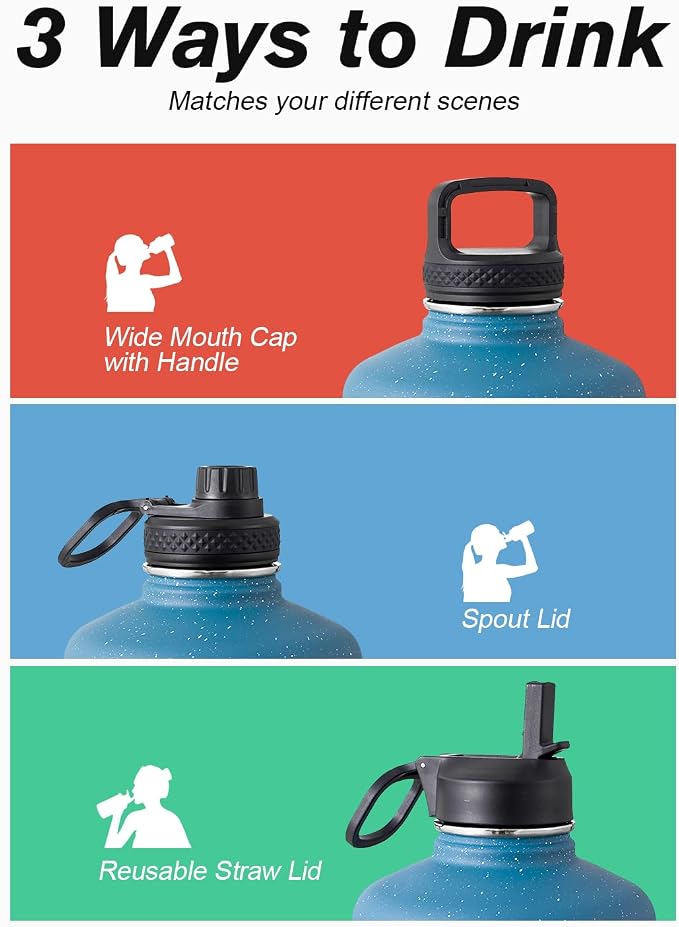 Coolflask 64 oz Water Bottle Insulated with Straw&3 Lids, Half Gallon Water Jug Galaxy Large Metal Stainless Steel Vacuum Flask for Gym, Sports and Travel, Keep Cold 48H Hot 24H,Turquoise