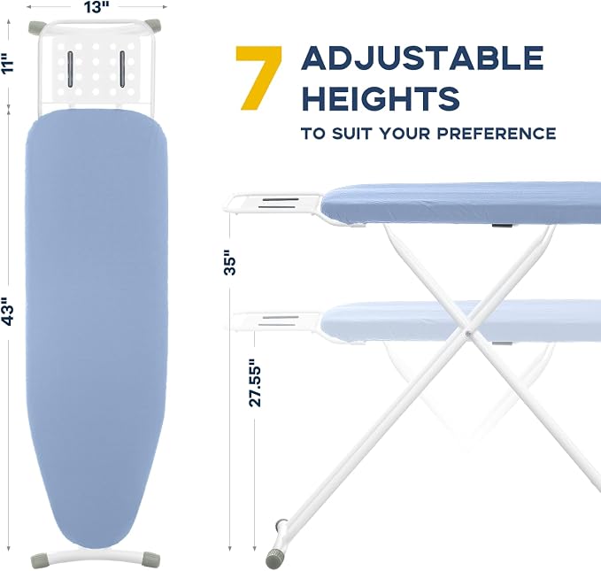 RAINHOL Ironing Board, 43x13 Full Size Iron Board with Iron Rest, Heavy Duty Compact Ironing Board with Thick Cover and Pad, Height Adjustable Sturdy Iron Stand, Blue