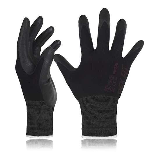 DEX FIT Nitrile Work Gloves FN330, 3 Pairs, 3D-Comfort Stretchy Fit, Firm Grip, Thin & Lightweight, Touch-Screen Compatible, Durable, Breathable & Cool, Machine Washable; Black XL (10)