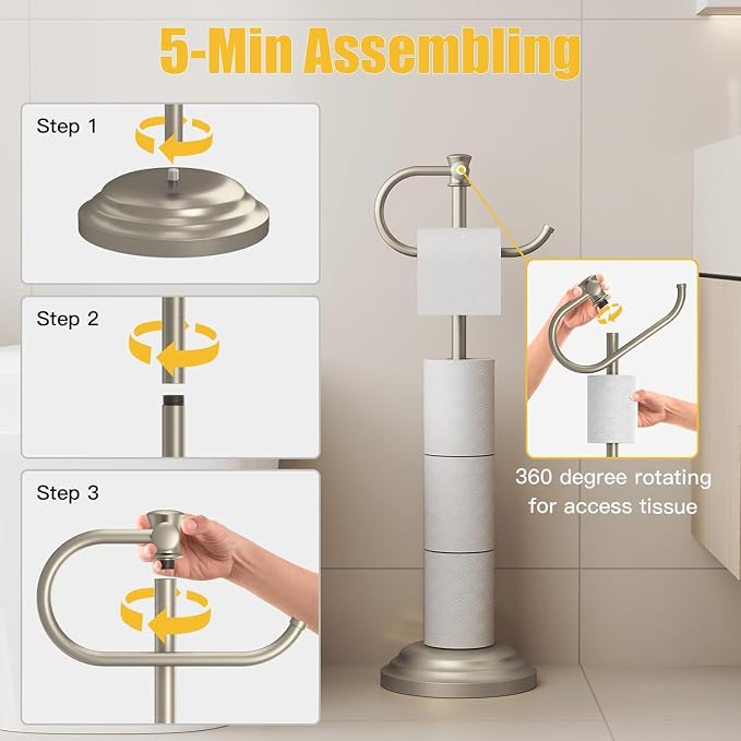 BESy Toilet Paper Holder Stand SUS 304 Free Standing Bathroom Tissue Holder with Storage Hardware Accessories Rack Hand Towel Bar Rustproof Lavatory Tissue Roll Holder Floor Modern Brushed Nickel