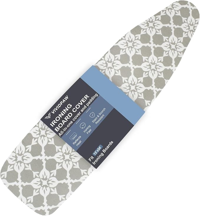 VividPaw Ironing Board Cover and Pad, Thick Padding, Elastic Edge, Silicone Coated, Resist Scorching, Adjustable Fastener, Heavy Duty Padded Iron Board Covers (Floral Tiling, 15" x 54")