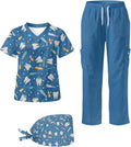 Gomyblomy Women's Scrubs Suit 3-Piece Set | Teeth Print V-Neck Top & Pants & Cap, Breathable and Stretch Fabric, S-5XL