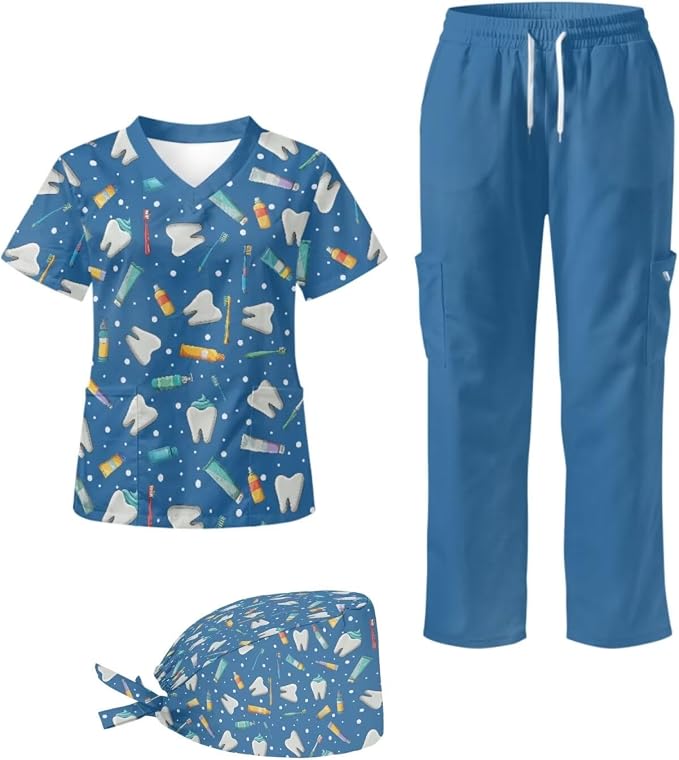 Gomyblomy Women's Scrubs Suit 3-Piece Set | Teeth Print V-Neck Top & Pants & Cap, Breathable and Stretch Fabric, S-5XL