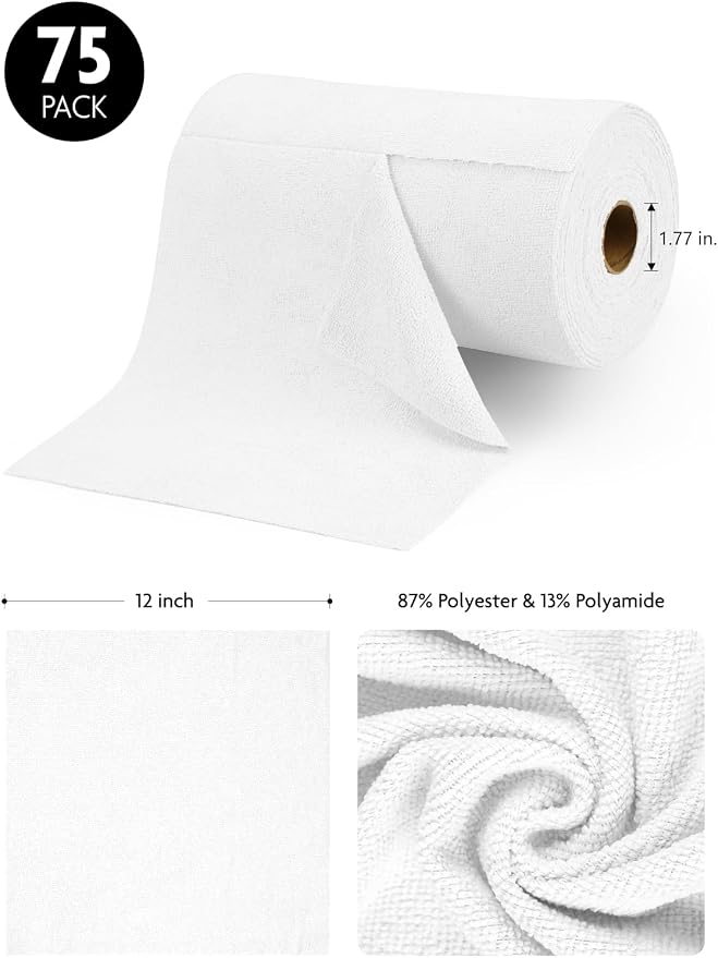 Fantasticlean Microfiber Cleaning Cloth Roll -75 Pack, Tear Away Microfiber Towels, 12" x 12", Reusable, Washable, Scratch Free, Ultra Absorbent Dishcloth for All-Around Cleaning Supplies (White)