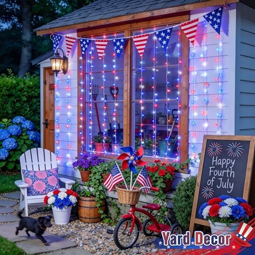 JMEXSUSS 300LED Red White & Blue Curtain Lights for 4th of July, 9.8x9.8ft