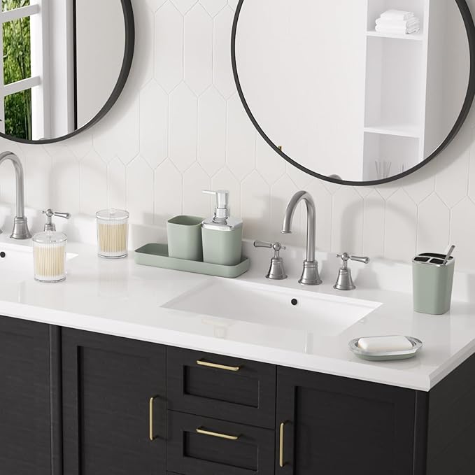 XLHOMO Sage Green Bathroom Set - 24PC Bathroom Sets with Shower Curtain and Rugs, Sage Green Bathroom Accessories Set with Press-on Lid Bathroom Trash Can, Soap Dispenser
