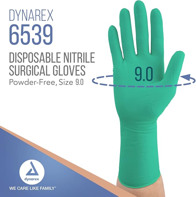Dynarex Sterile Nitrile Surgical Gloves, Powder Free, Size 9, 50 Pairs of Gloves, White, 9.0