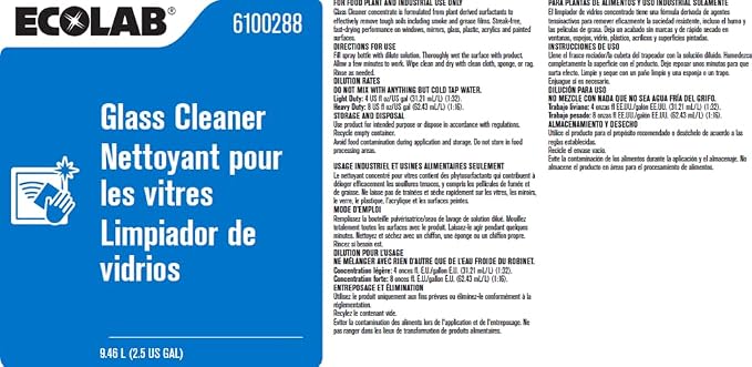 Ecolab 6100288 Glass Cleaner 2.5 Gallons Resealable Jug/Bottle - One (1) Unit per Order