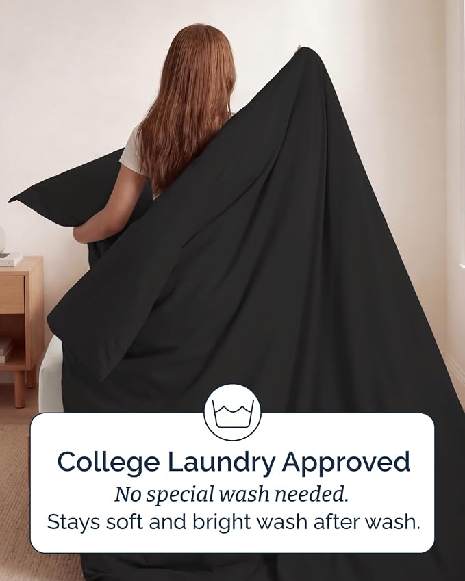 Duvet Cover Twin/Twin XL Size Set - Extra Soft Twin/Twin XL Duvet Cover 68" x 90" with 1 Pillow Sham for Women, Men, Kids & Teens - Comfy, Easy-Care & Fade Free with Zipper Closures and Ties (Black)