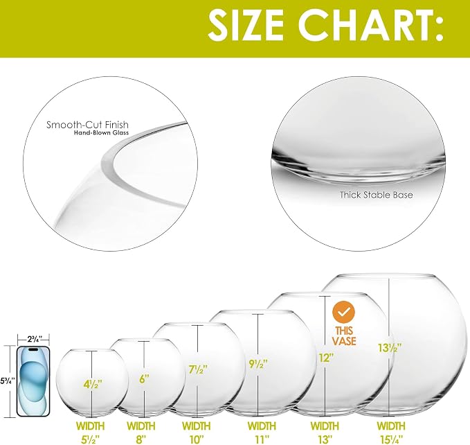 CYS EXCEL Large Glass Bubble Bowl (H-12 W-13, Approx. 5.3 Gal.) Round Bowl Terrarium Globe Flower Vase Centerpiece for Weddings Events Arrangements