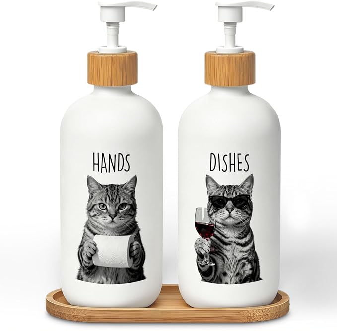 Tabby Cat Hand and Dish Soap Dispenser Set, Cat Lover Mom Dad Owner Gifts Glass Soap Dispenser for Kitchen, Funny Kitty Kitten Refillable Handsoap Pump Bottle for Bathroom Countertop