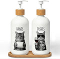 Tabby Cat Hand and Dish Soap Dispenser Set, Cat Lover Mom Dad Owner Gifts Glass Soap Dispenser for Kitchen, Funny Kitty Kitten Refillable Handsoap Pump Bottle for Bathroom Countertop