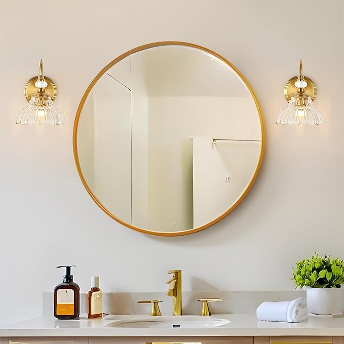 1 Piece Vintage Wall Sconce, 1-Light Brushed Gold Finish Wall Sconce with Hanging Crystal Accents and Flower-Shaped Clear Shades for Bathroom Bedroom Living Room,Vintage Vanity Light