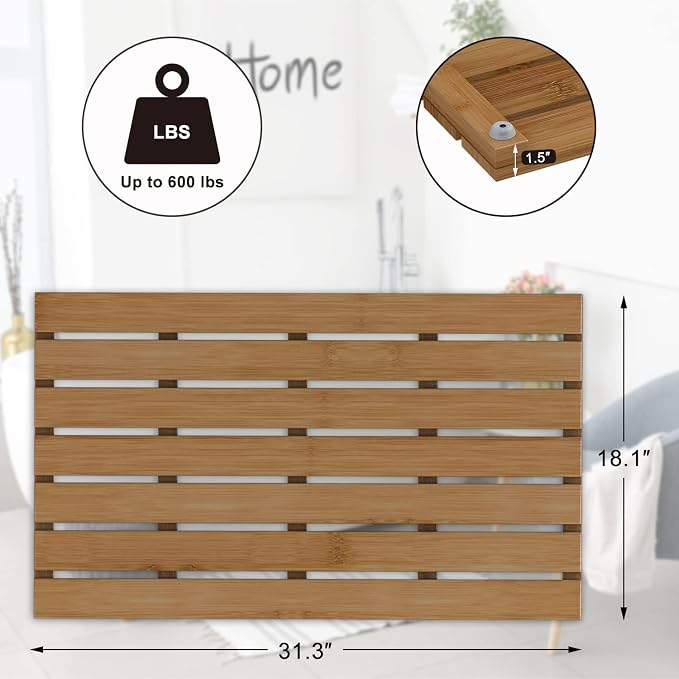 Bamboo Wooden Bath Floor Mat for Luxury Shower - Non-Slip Bathroom Waterproof Carpet for Indoor or Outdoor Use (Walnut,31.3 x 18.1 x 1.5 Inches)