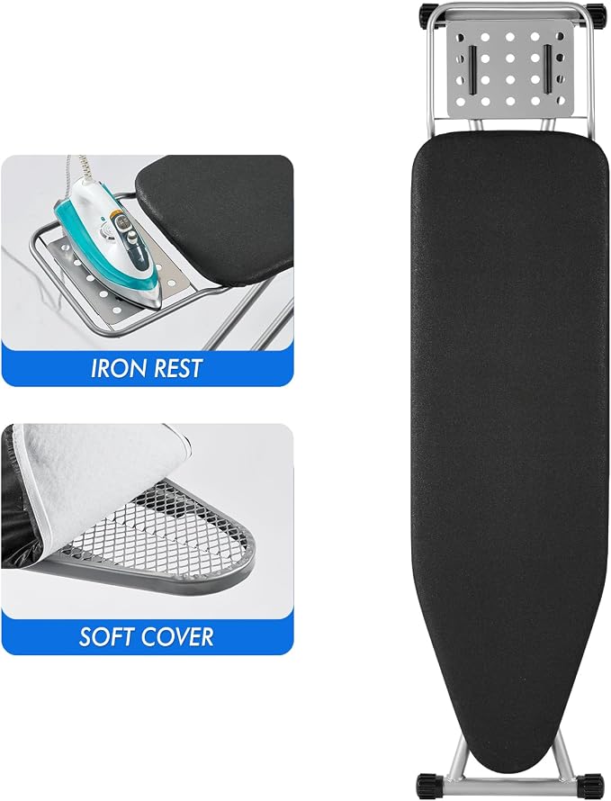 BKTD Ironing Board, Heat Resistant Cover Iron Board with Steam Rest, Non-Slip Foldable Ironing Stand. Heavy Sturdy Metal Frame Legs Iron Stand(13 * 34 * 53 Inches) (Silver Black)