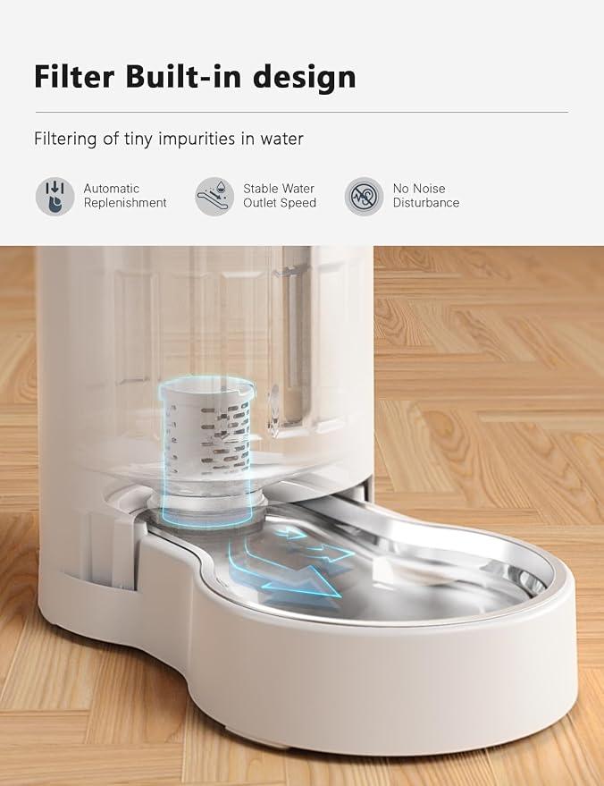 CZPET Dog Water Bowl Dispenser with Stainless Steel Bowl (8L+Filter,White) | With Stainless Steel Bowl Gravity Waterer, Large Capacity and Drinking Area Noise-Free for Pets