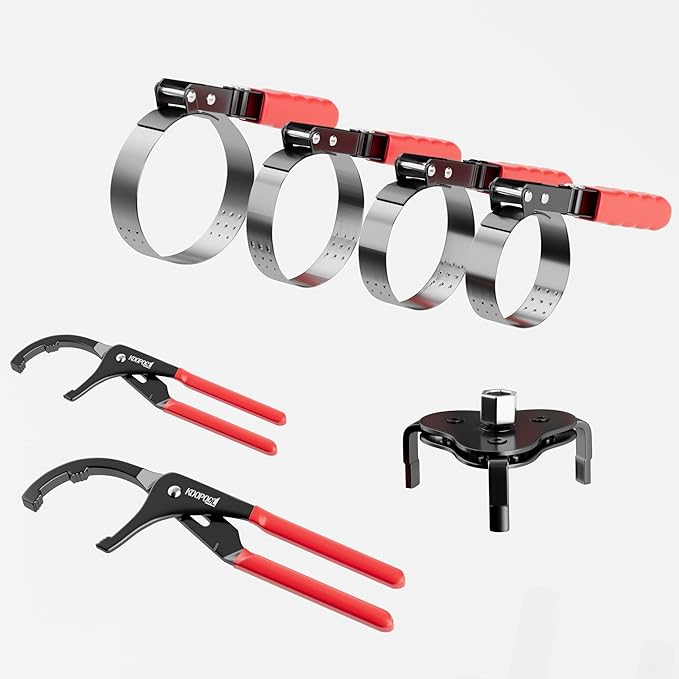 KOOPOOL Oil Filter Wrench Set, 8 Piece Adjustable Oil Filter Pliers 2-3/4" to 5-1/4", 9" & 12" Universal Oil Filter Removal Tool with 1/2" to 3/8" Adapter, Organized in Storage Case (8-Piece Set)