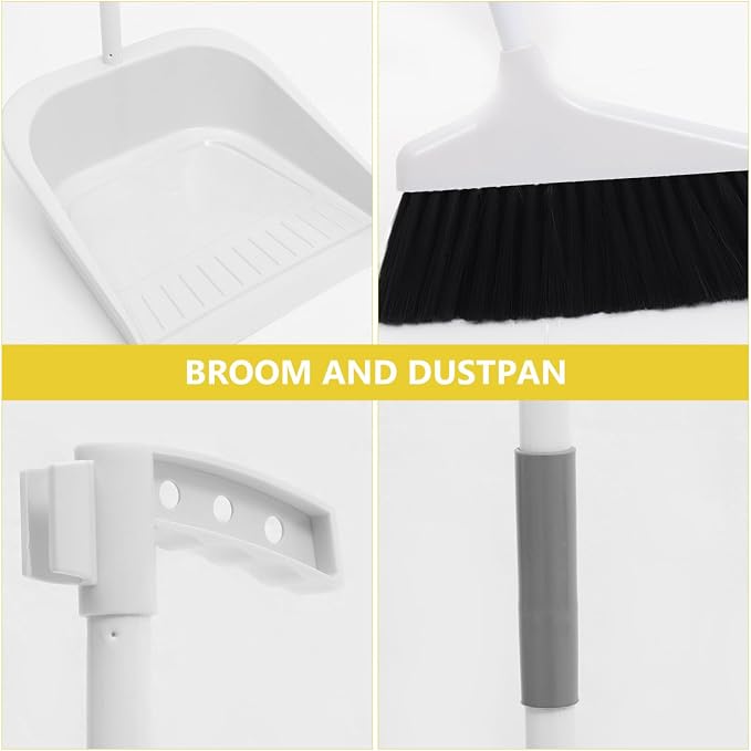 Broom and Dustpan Set, Heavy Duty Dust Pan and Broom with Long Handle, Standing Dustpan Set Household Floor Cleaning Tools for Home Kitchen Indoor Sweeping White