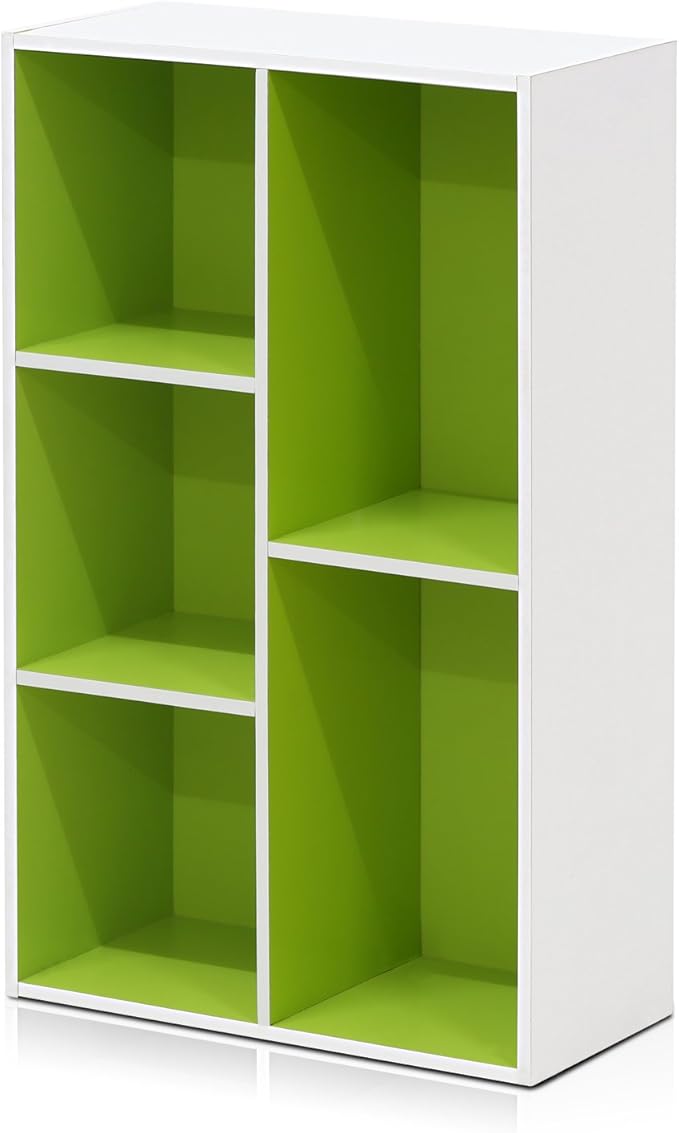 Furinno LUDER Book Shelf, 5-Cube Bookshelf, Reversible Bookcase, 9.4 x 19.5 x 31.5, Easy Assembly, for Living Room, Bedroom, Home Office, White/Green