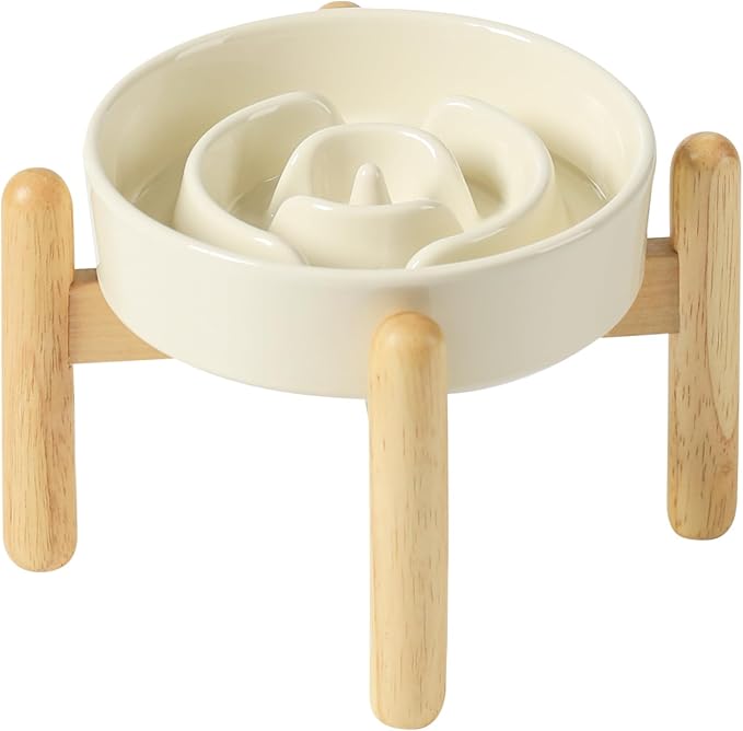Havniva Elevated Slow Feeder Dog Bowls, Ceramic Dog Bowl Slow Feeder | 0.9 Cups Raised Slow Feeding Bowl for Small Breed, Puzzle Dog Food Bowl with Wooden Stand, Non-Slip, Anti-Choking