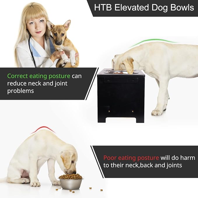 HTB Elevated Dog Bowl Stand with 2 Stainless Steel Bowls-10 H Large Black | Raised Dog Bowl Stand, 10"tall, 48 Oz Bowls, for Large Sized Dogs, Pet-safe, Solid Bamboo