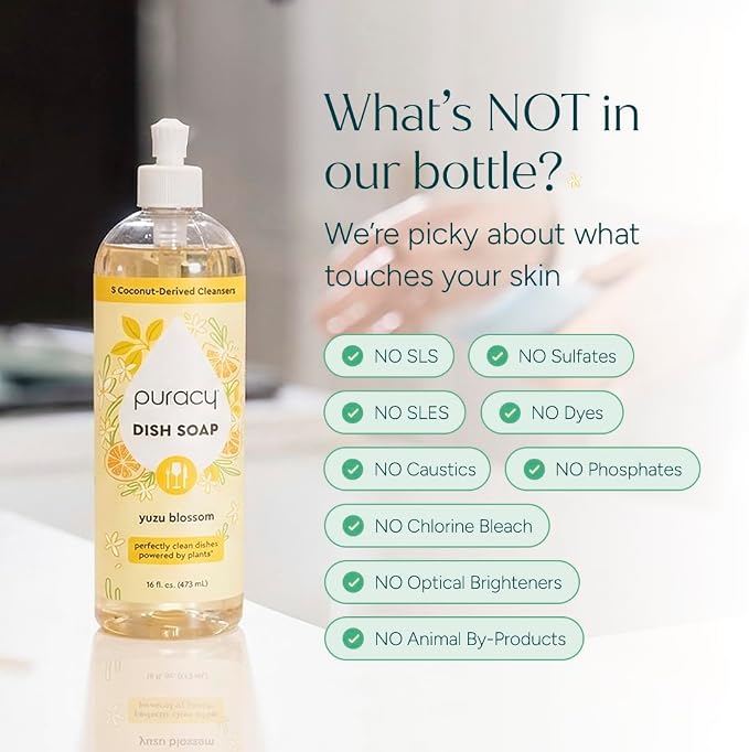 Puracy Natural Dish Soap - Skin-Softening Dishwashing Soap, Non-Toxic Dish Soap, Organic Liquid Dishwashing Detergent Soap, Coconut-Derived Cleanser (Yuzu Blossom, 16 fl oz, 3 Pack)